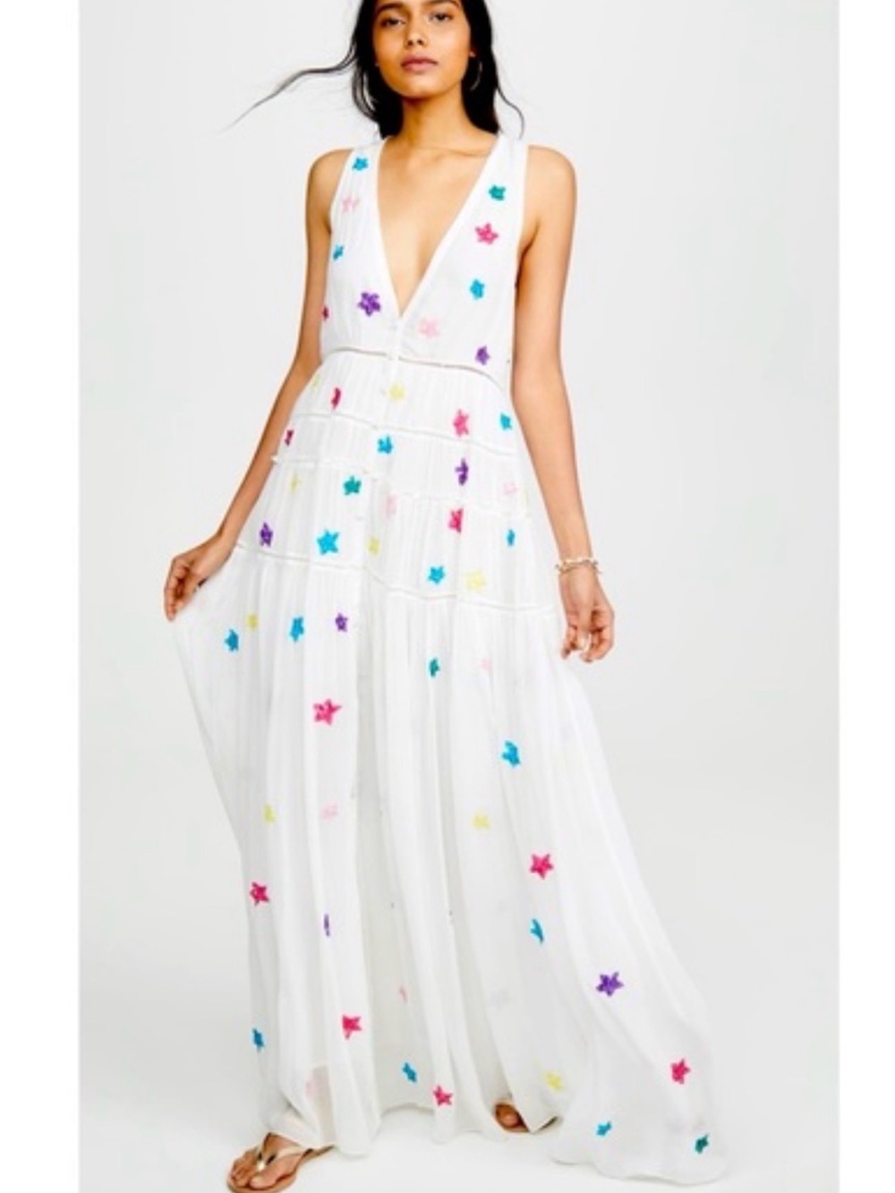 Rococo Sand White Maxi Dress with Multicolor Star Embellishments